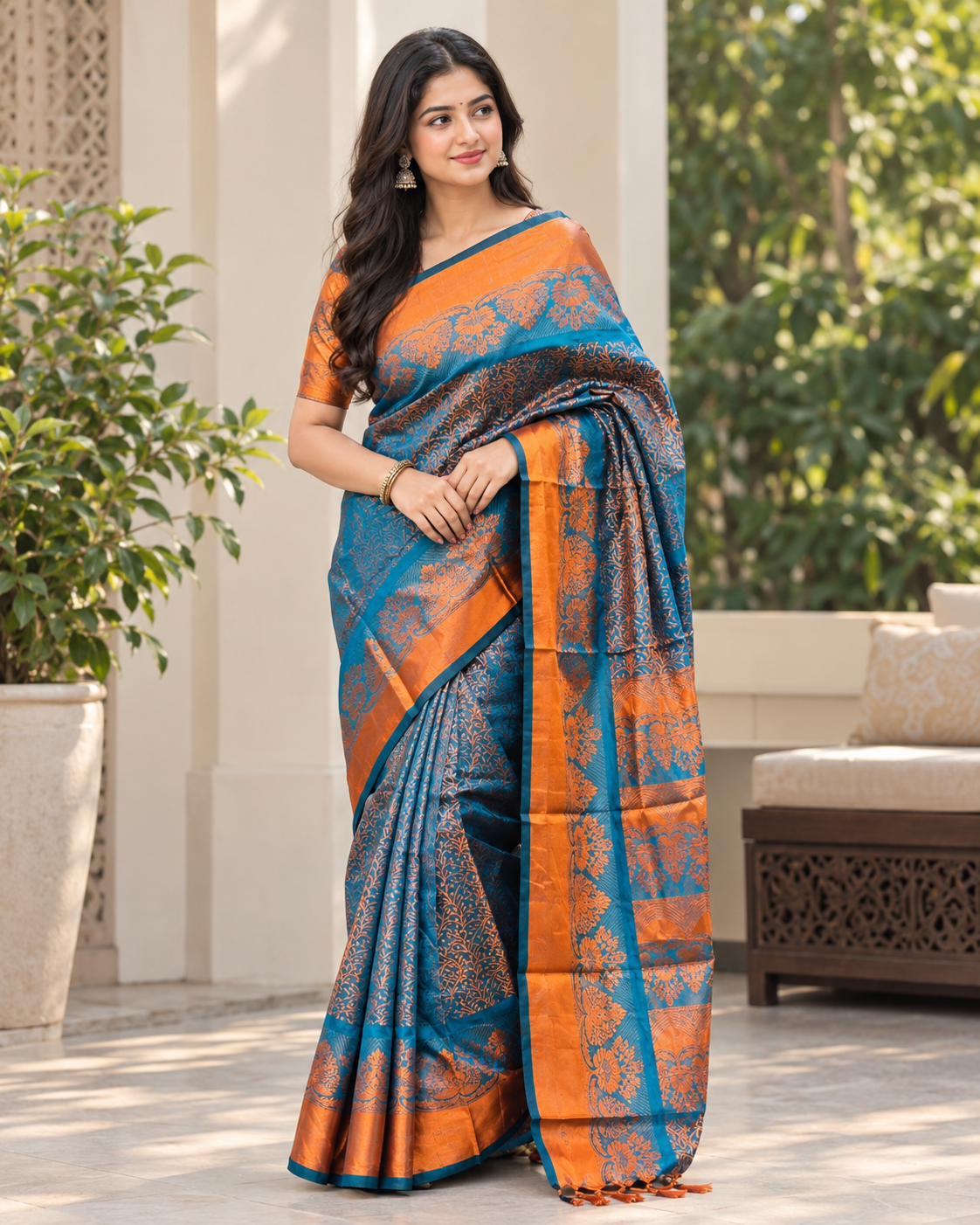 Peacock Blue & Copper Orange Floral Katan Silk Saree