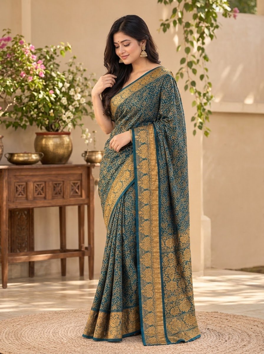 Deep Teal Gold Zari Woven Katan Saree